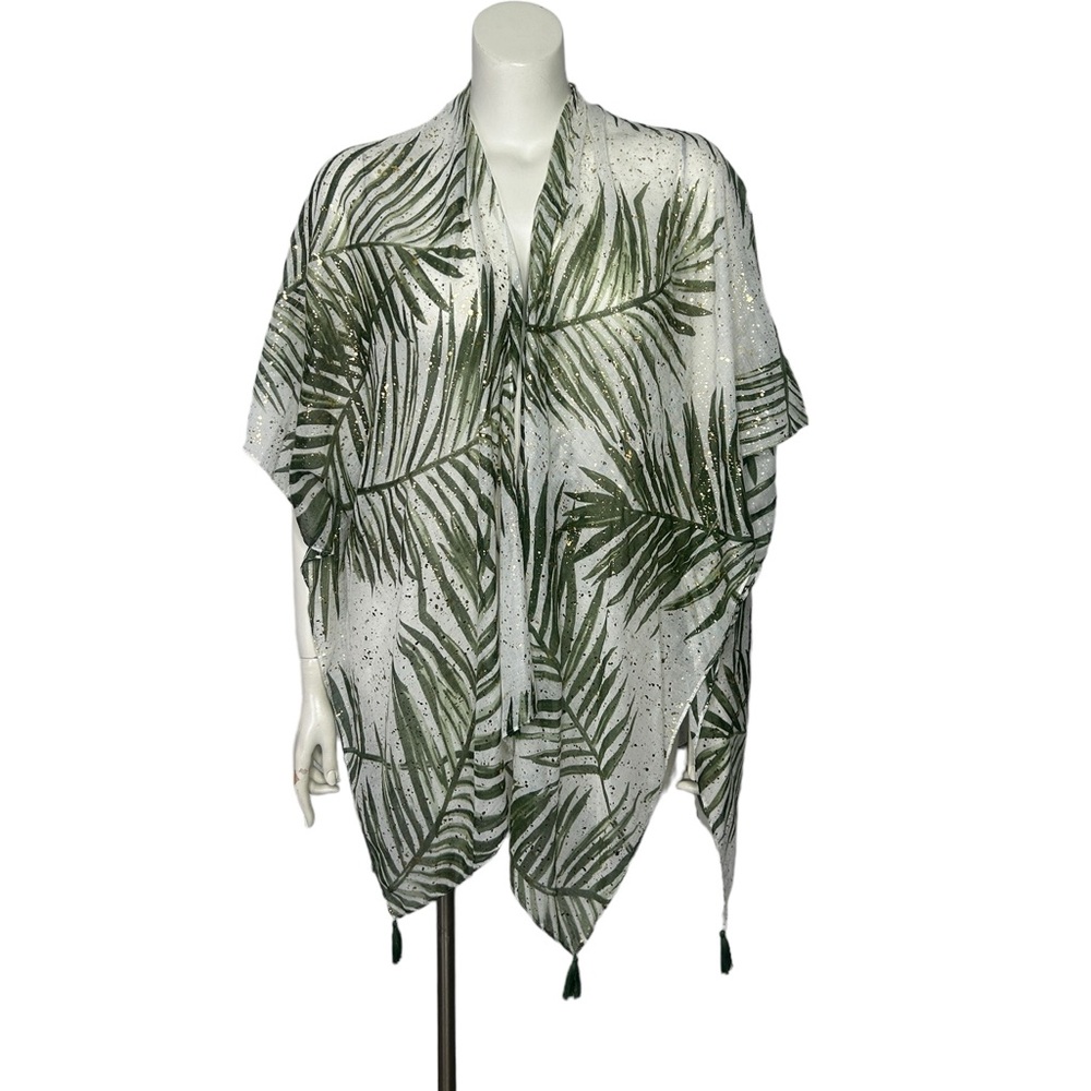 Simply Noelle Cover Up Tropical Leaves Kimono Metallic OS Beach Vacation